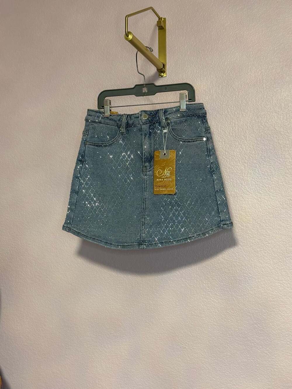 Nina Rossi Rhinestone Denim Skort Size M Light Acid Wash